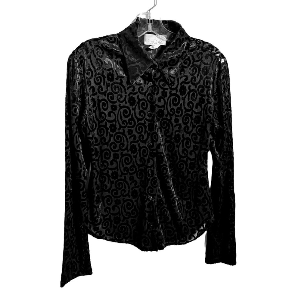 Cache Black-on-Black Velour Brocade Long Sleeve Button Down Blouse, Size S